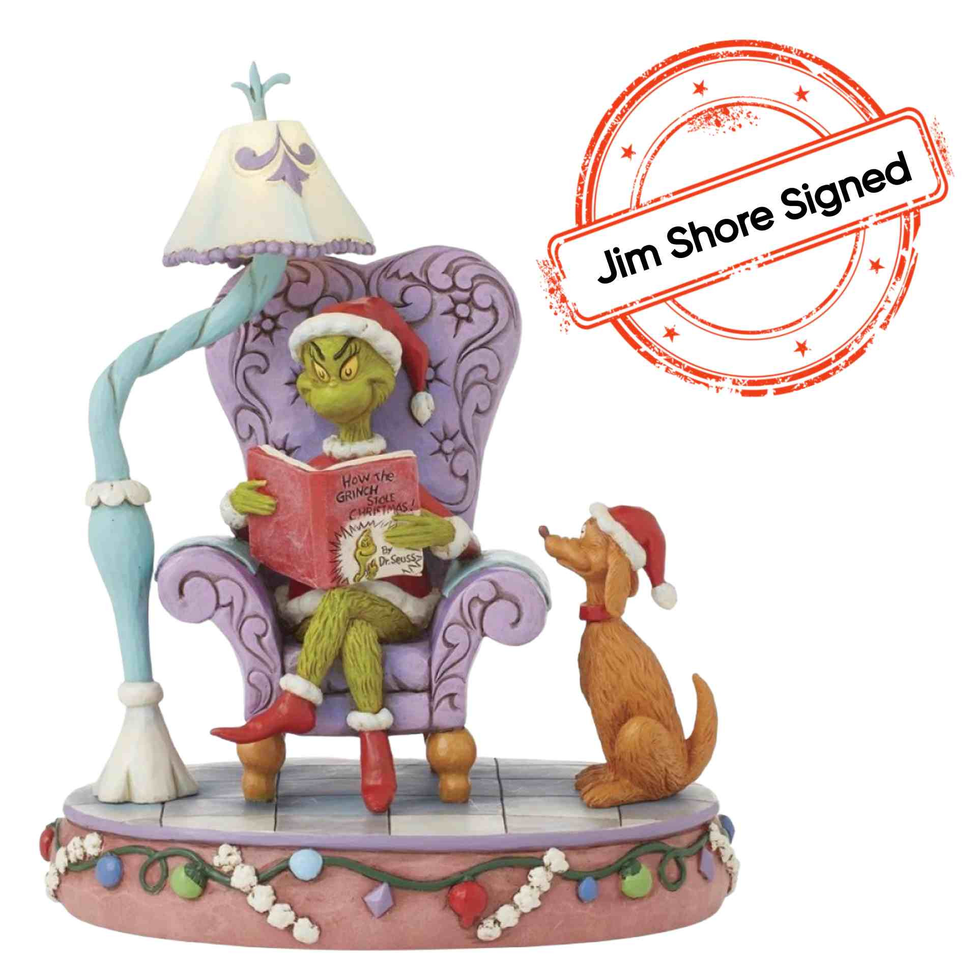 BEPERKTE EDITIE GRINCH IN CHAIR READING [GESIGNEERD DOOR JIM SHORE] - JIM SHORE GRINCH